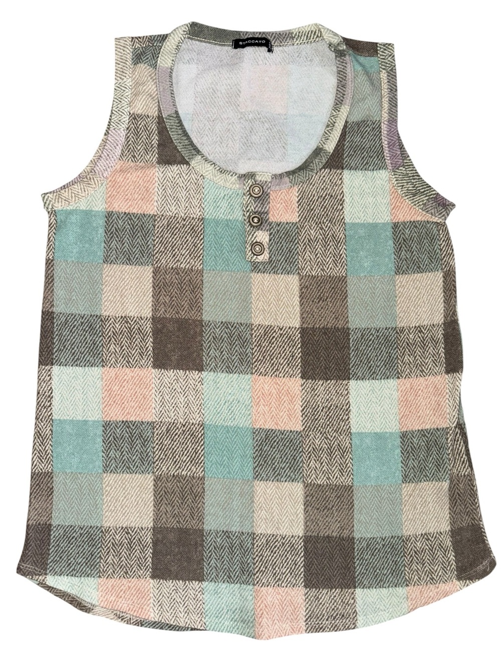 Staccato Plaid Henley Tank Top Pastel Aqua Pink Gray Sleeveless Women S